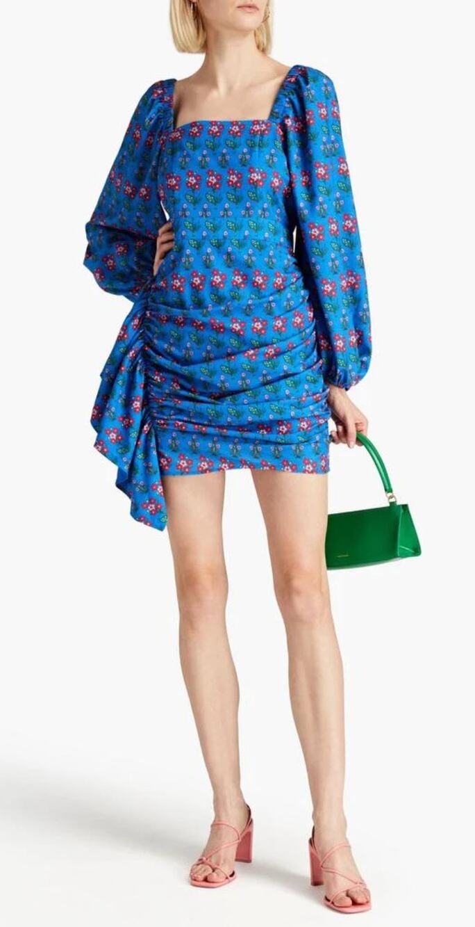 RHODE Tuckernuck Mina Draped Ruched Floral-Print Recycled Crepe Mini Dress S